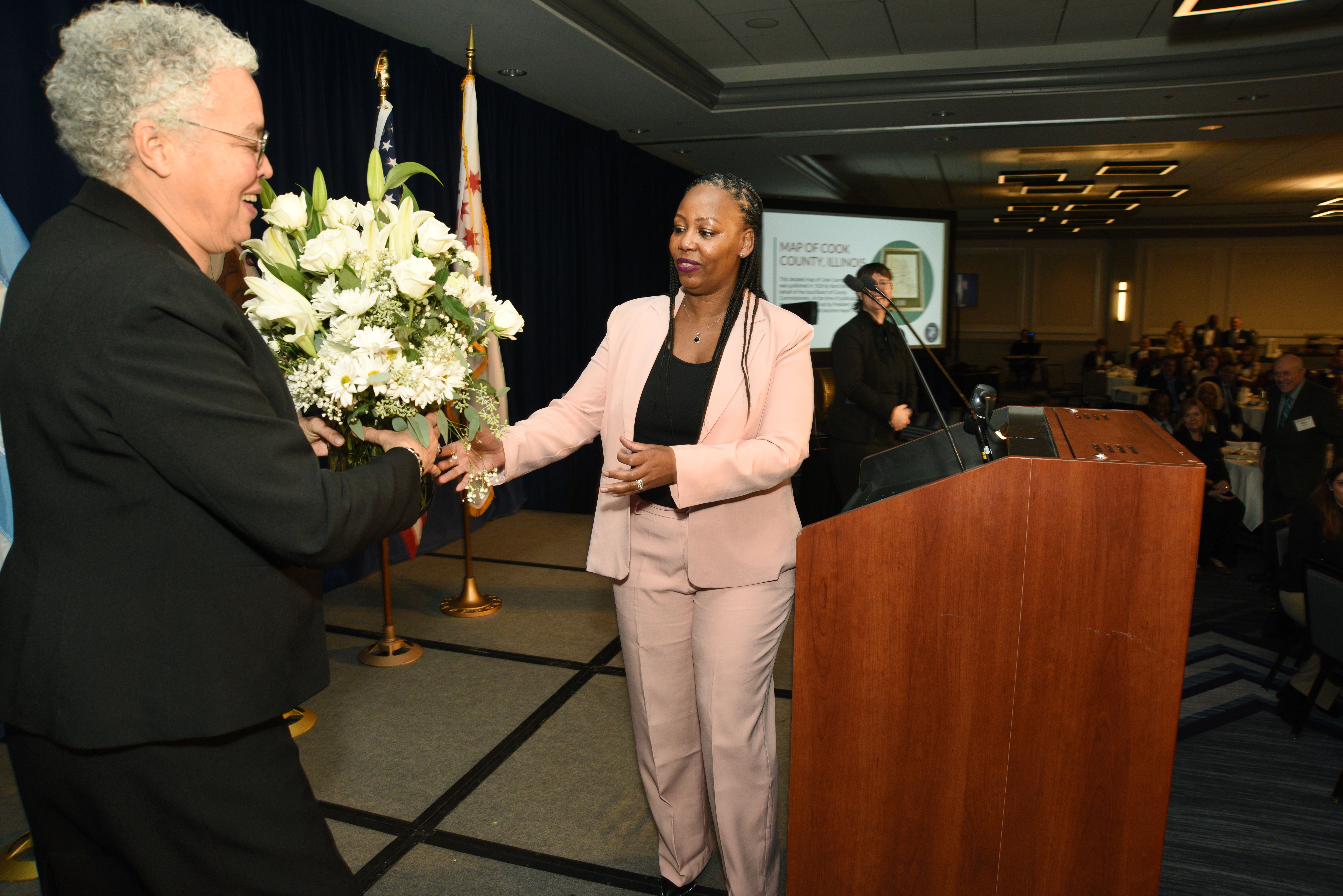 Cook County Board President Toni Preckwinkle and Cook County Chief of Staff Lanetta Haynes Turner